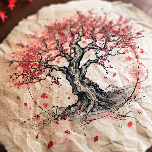 Traditional Japanese tree of life tattoo with cherry blossoms on parchment paper