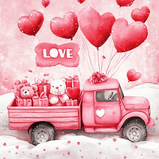 Pink truck full of love in a snowy landscape