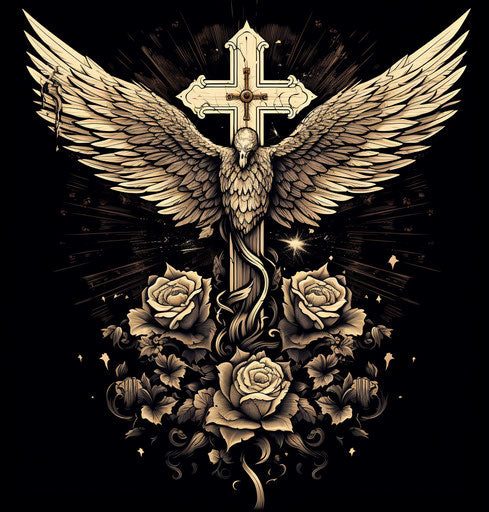 Winged crucifix cross graffiti-style illustration primitivist realism