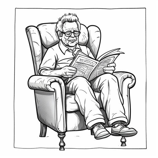 Cartoon dad reading in armchair. Coloring book page