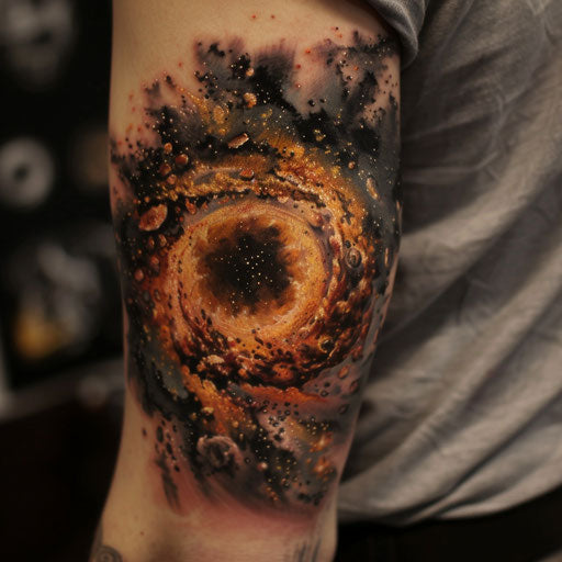 Bicep tattoo of a cosmic explosion, J.P. Targete style