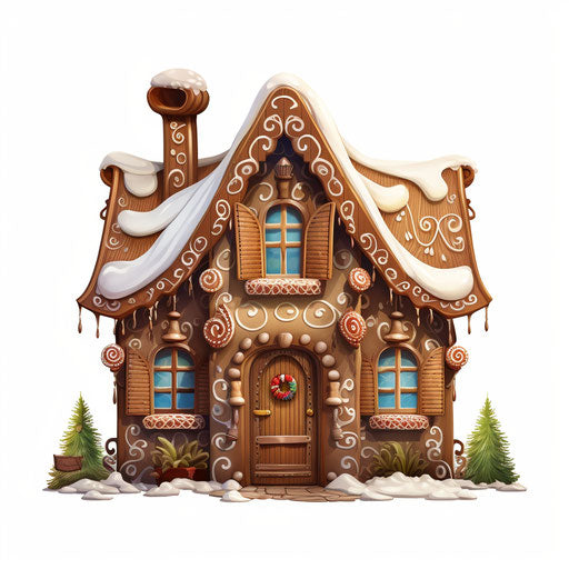 Gingerbread house clipart in the style of Chiaroscuro Art, on a white background