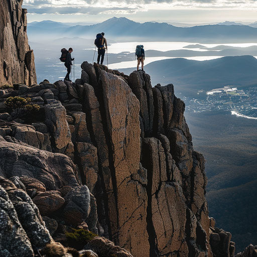 Hikers ascending Mount Wellington, Tasmania with panoramic views