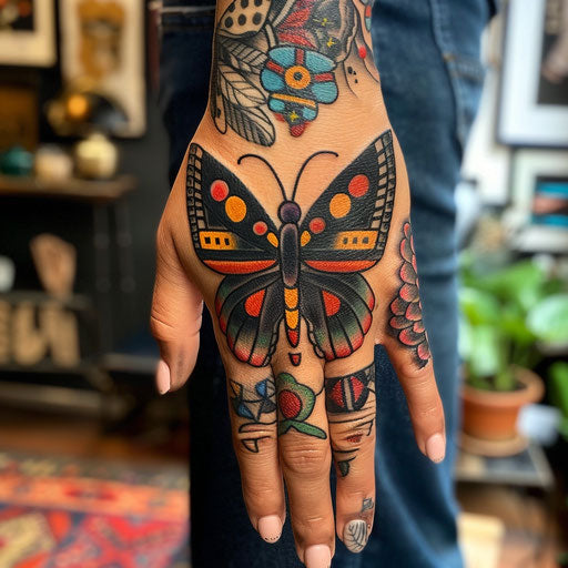 Butterfly hand tattoo in classic American style