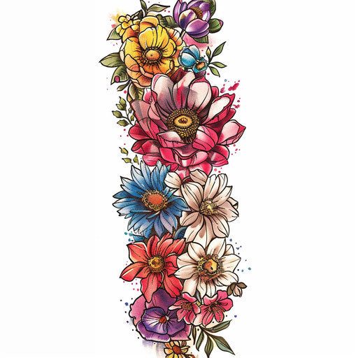 Floral tattoo sleeve with a variety of flowers in full bloom on white background