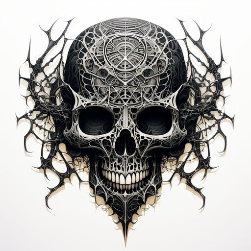 Black spider skull, graphic linocut, multi-layered figures