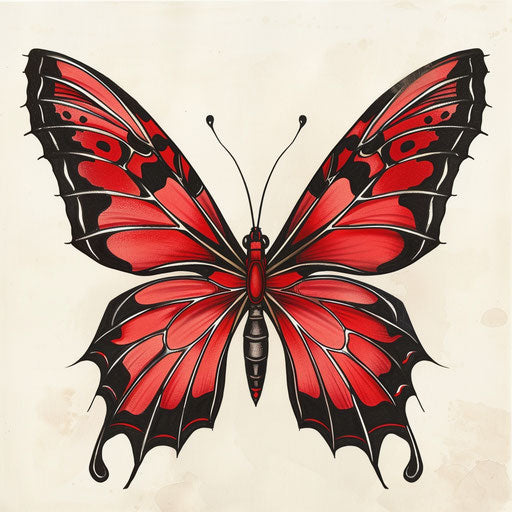 Bold red butterfly with black outlines in a clipart style tattoo sketch