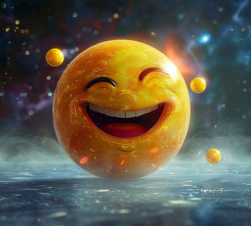 Staring contest with a smiling emoticon, stars art group style, exaggerated features