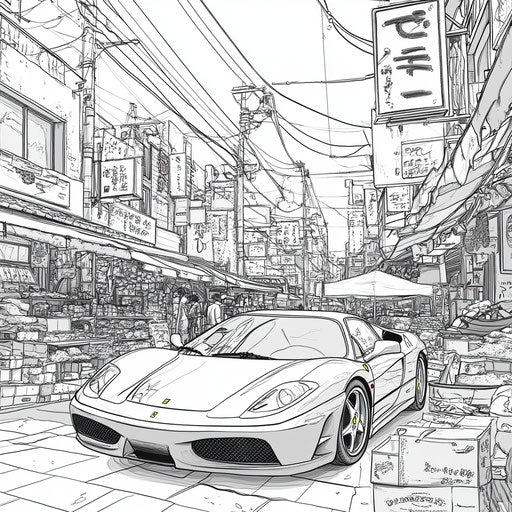 Ferrari in busy market, Mamoru Hosoda style, lively coloring