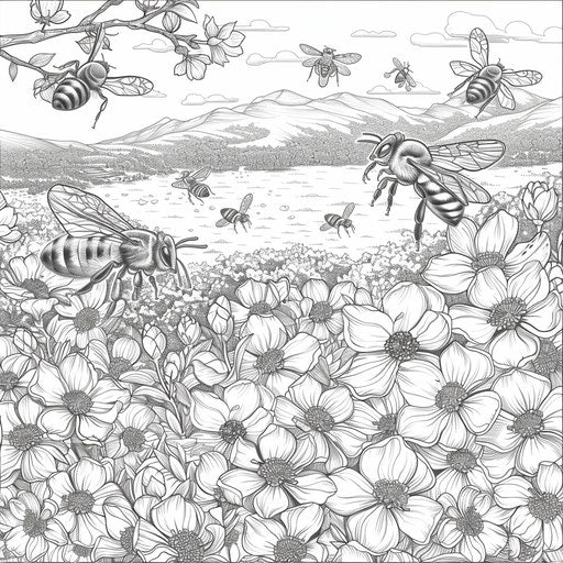 Bees flying over a blooming orchard