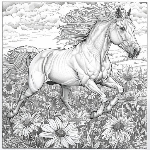 Galloping horse in field of wildflowers