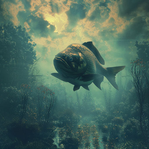 Piranha fish in a serene underwater landscape with a poetic feel