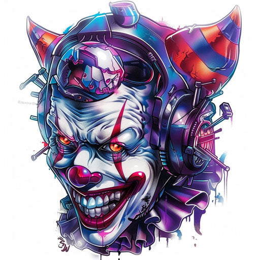 Futuristic clown tattoo with cybernetic enhancements