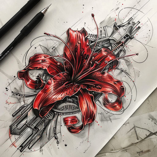 Industrial style red spider lily with metallic textures
