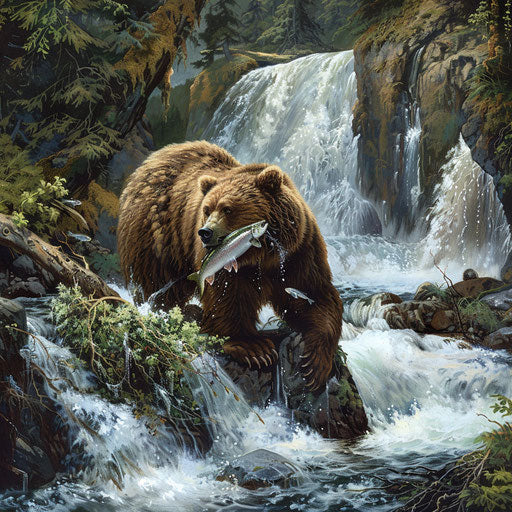 Grizzly bear catching salmon in rushing river