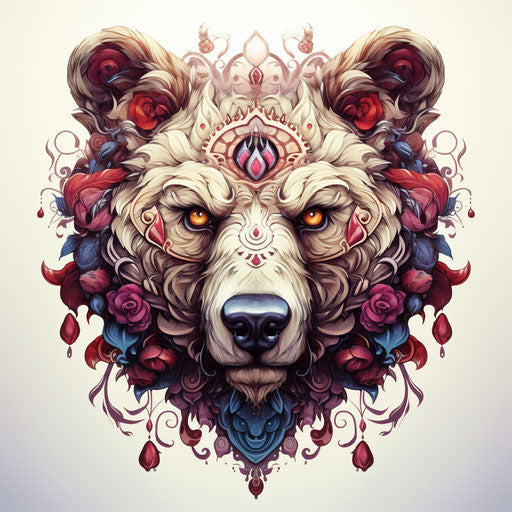 Bear head with colorful ornaments, baroque-punk style