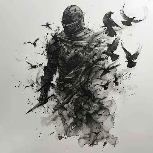 Avant-garde tattoo sketch of a knight dissolving into crows