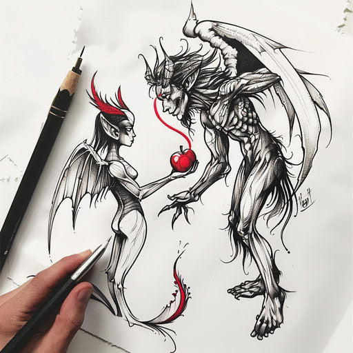 Tattoo sketch of devil offering an apple to an angel