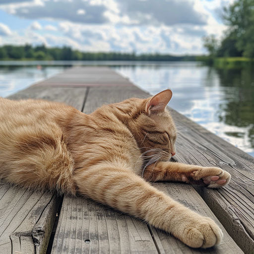Brown cat lying on a dock