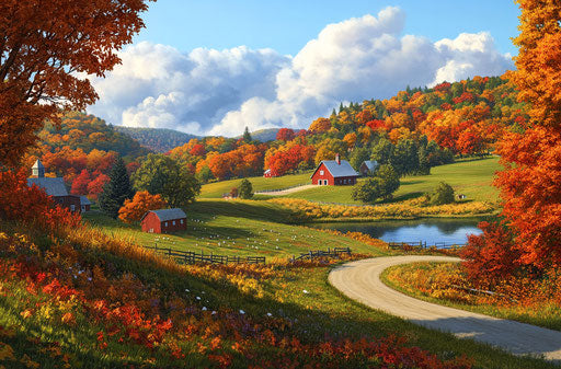 Autumn landscape with farm buildings, winding road, and pond