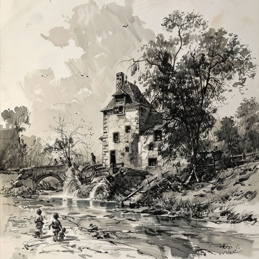 Flat vintage tattoo sketch of a riverside with children playing by an old mill