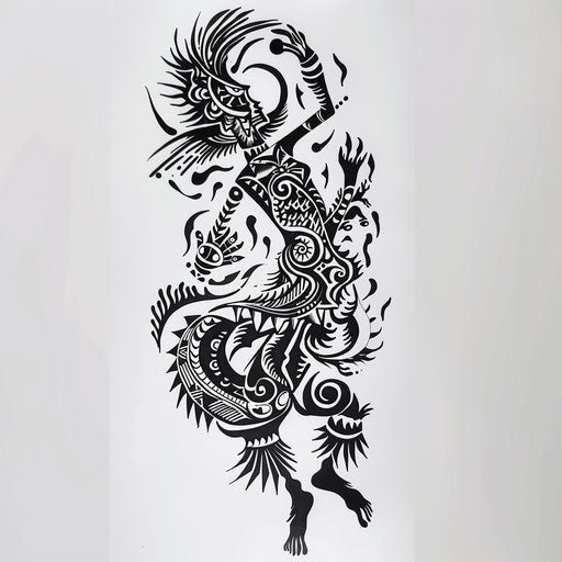 Dynamic flat tattoo sketch of a neo tribal dance scene with rhythmic patterns