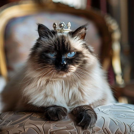 Himalayan cat with regal posture, wearing small crown, indoors