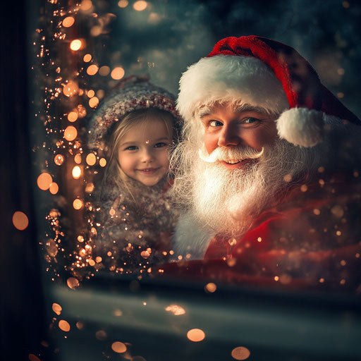 Santa Claus winking at a child peeking out of a window while flying by in his sleigh, leaving a trail of sparkling lights.