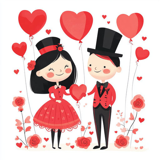 Valentine's Day couple, roses and heart-shaped balloons