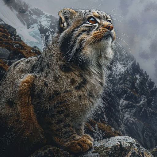 Dramatic portrait of a Pallas's cat against a rugged backdrop