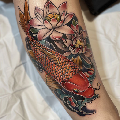 Traditional Japanese style tattoo of koi and lotus flowers
