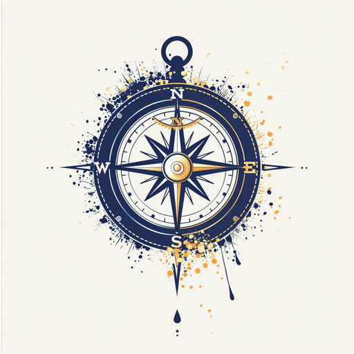 Flat tattoo sketch clipart style of a compass with family initials as directions, navy and gold