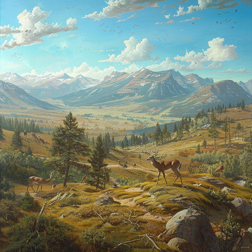 Panoramic mountain view with grazing deer herd