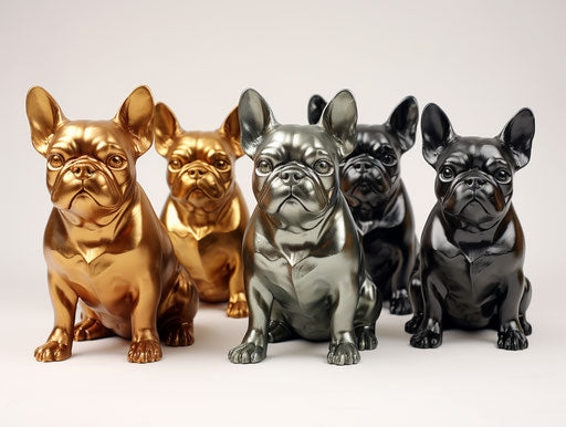 French bulldog dogs for sale, in the style of dark green and brown, dark bronze and dark blue, dark silver and dark black, dappled, dark blue and dark amber, fine lines, tondo 4:3