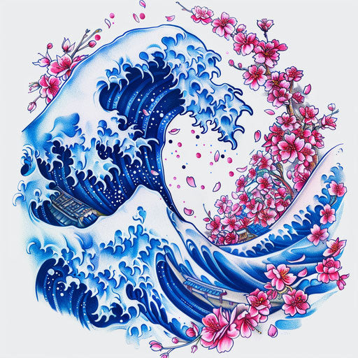 Dynamic Japanese wave and cherry blossom tattoo, in blue and pink, illustrated on a flat white background