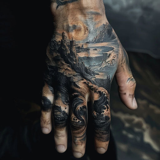 Finger tattoo dark surreal landscapes, David Palumbo style