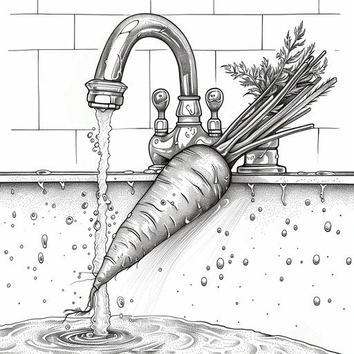 Carrot being washed under a faucet. Coloring book page