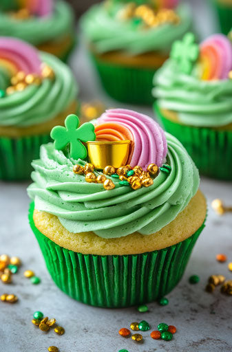 Rainbow cupcakes for St. Patrick's Day with green frosting and gold sprinkles