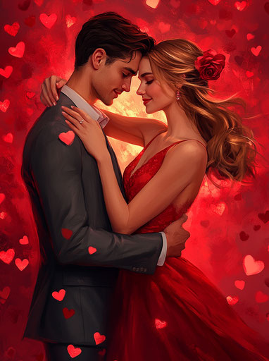 Romantic embrace among heart-shaped roses