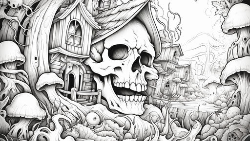 Skeleton in a forest coloring page, scary Halloween theme