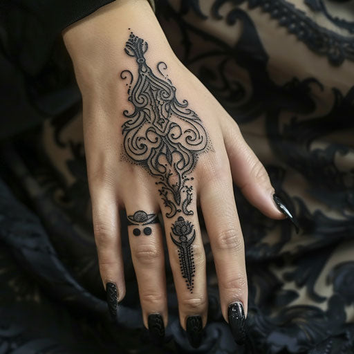 Finger tattoos for women in the style of Gerald Brom with gothic, mystical symbols