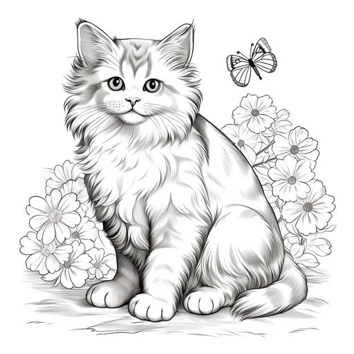 Cat with flowers on white background, coloring pages, realistic and ethereal
