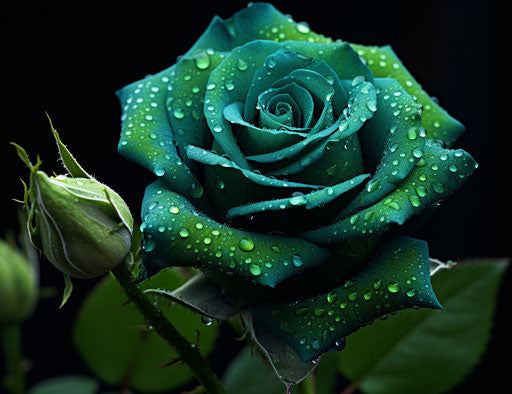 Rose with blue and green drops, dark green and emerald style