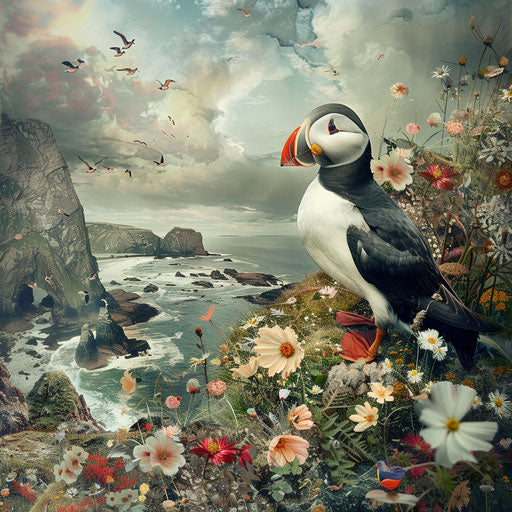 Puffin bird in a fantastical coastal setting