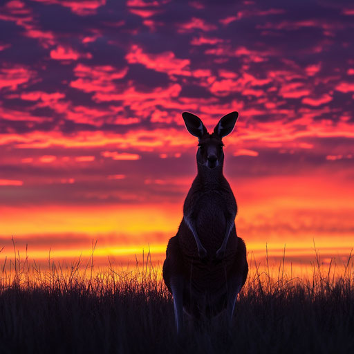 Red kangaroo silhouette against a vibrant sunset, in the style of Will Burrard-Lucas