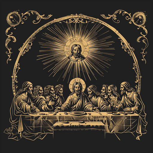 The Last Supper in sophisticated flat tattoo style with gold foil
