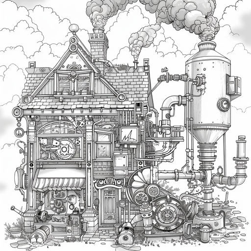 Steampunk house with gears and pipes, coloring book page