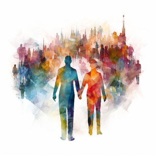 Impressionistic Art depiction of people holding hands, on white background