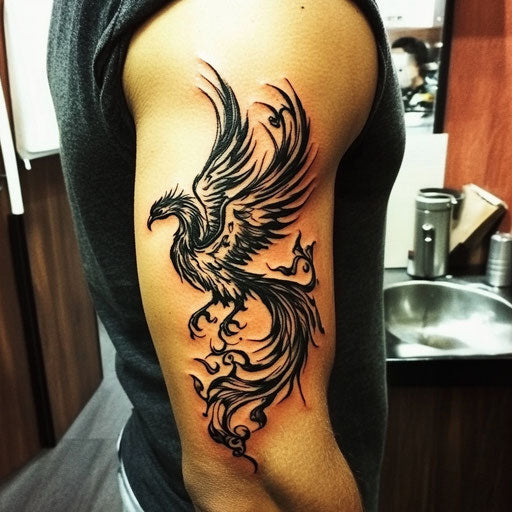 Tribal tattoos for men with a tribal phoenix rising from flames on the bicep in the style of Humberto Ramos