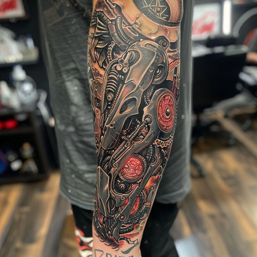 Biomechanical tattoo with superhero themes